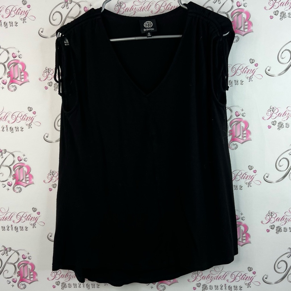 Bobeau tank top cinch tie ups shoulders ribbon luxe Black V-Neck Blouse